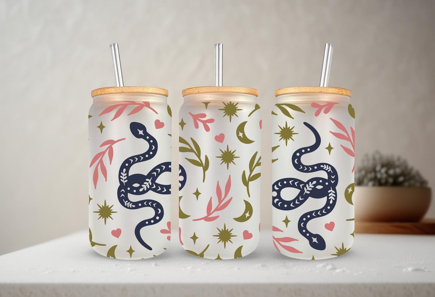 Boho Snakes | UVDTF | 20 oz Libbey Can Glass with Bamboo Lid & Straw