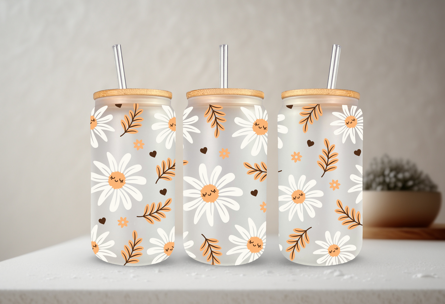 Fall Daisy | UVDTF | 20 oz Libbey Can Glass with Bamboo Lid & Straw