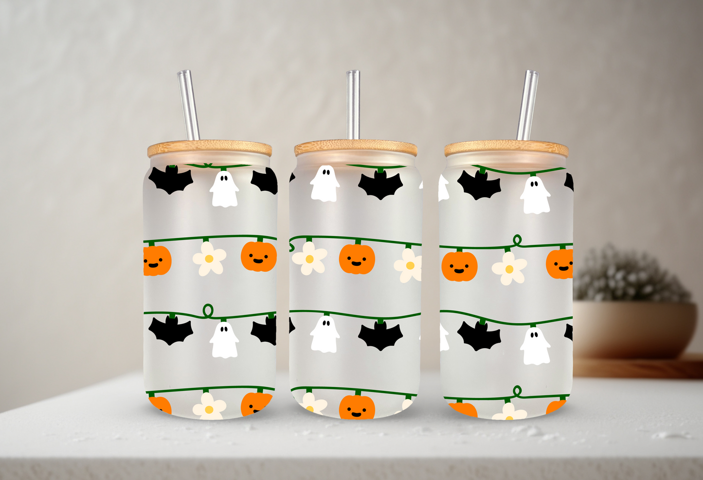 Halloween Lights | UVDTF | 20 oz Libbey Can Glass with Bamboo Lid & Straw
