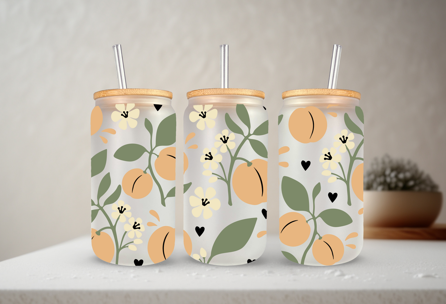 Peaches | UVDTF | 20 oz Libbey Can Glass with Bamboo Lid & Straw