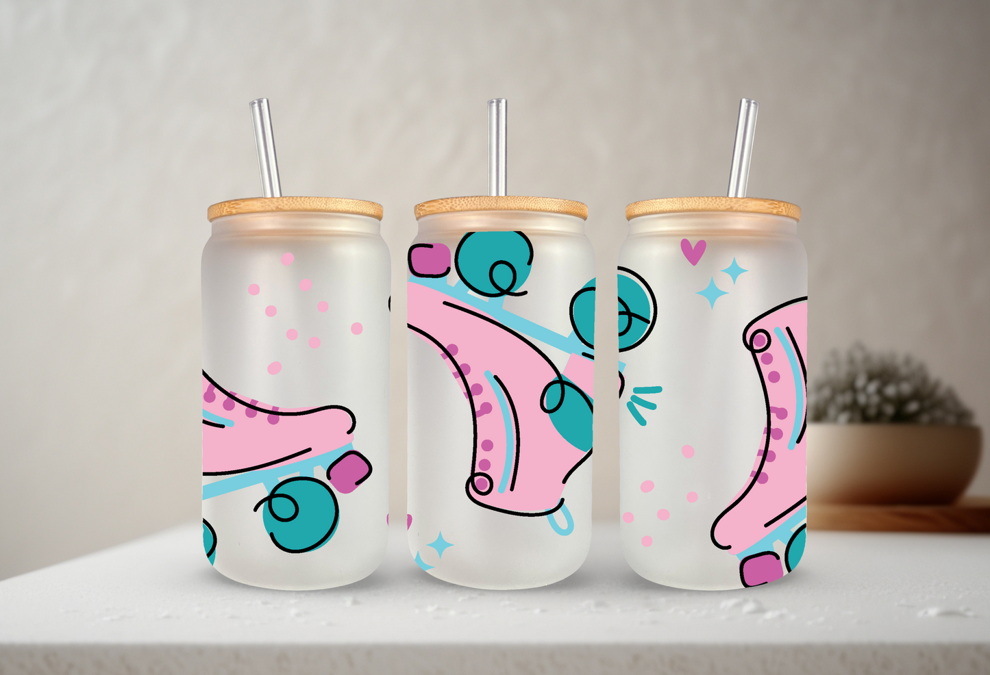 Roller Skates | UVDTF | 20 oz Libbey Can Glass with Bamboo Lid & Straw