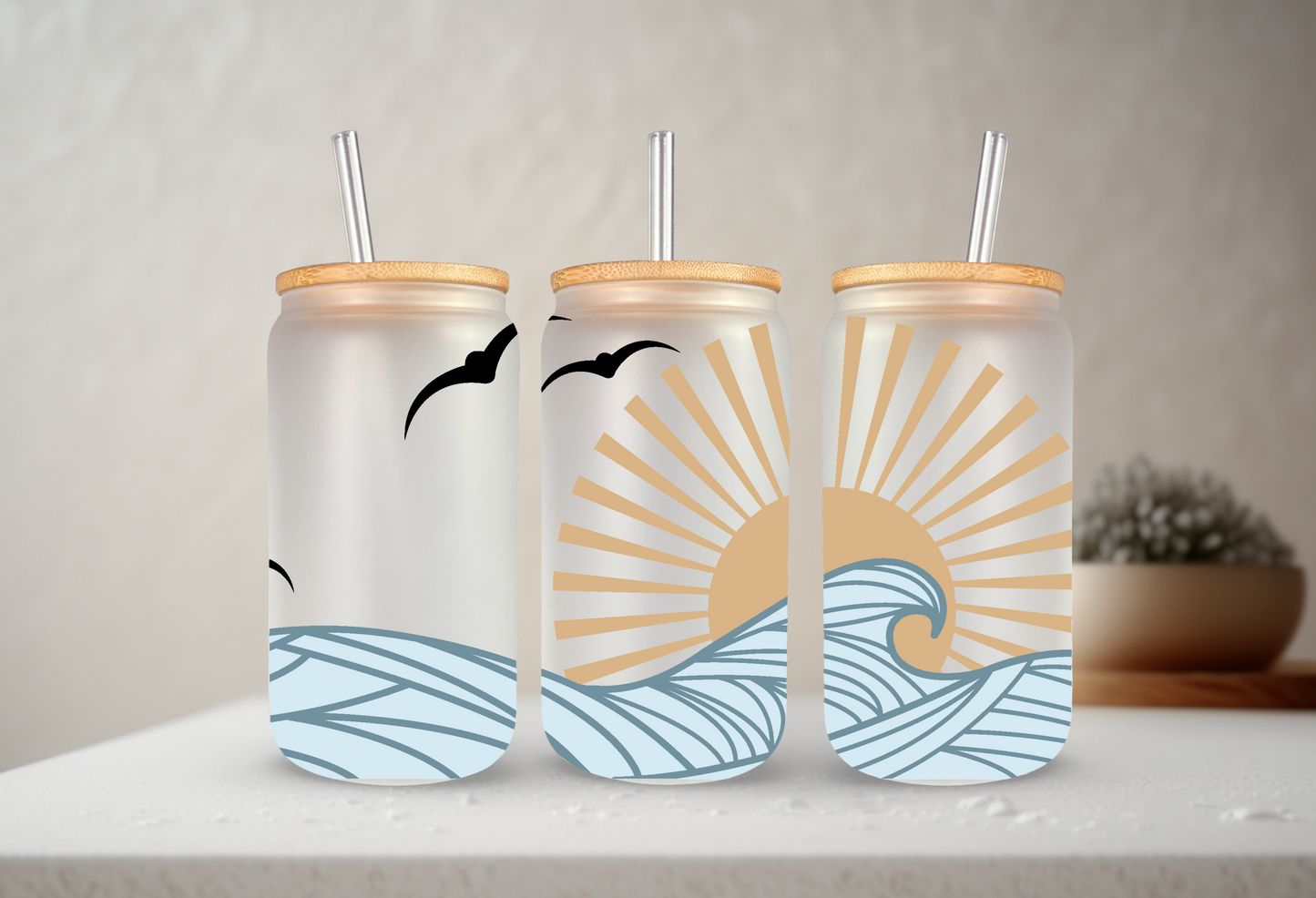 Summer Waves | UVDTF | 20 oz Libbey Can Glass with Bamboo Lid & Straw