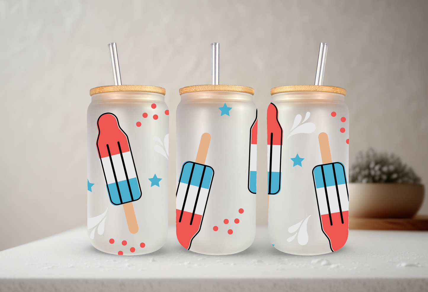 Patriotic Bomb Pop | UVDTF | 20 oz Libbey Can Glass with Bamboo Lid & Straw