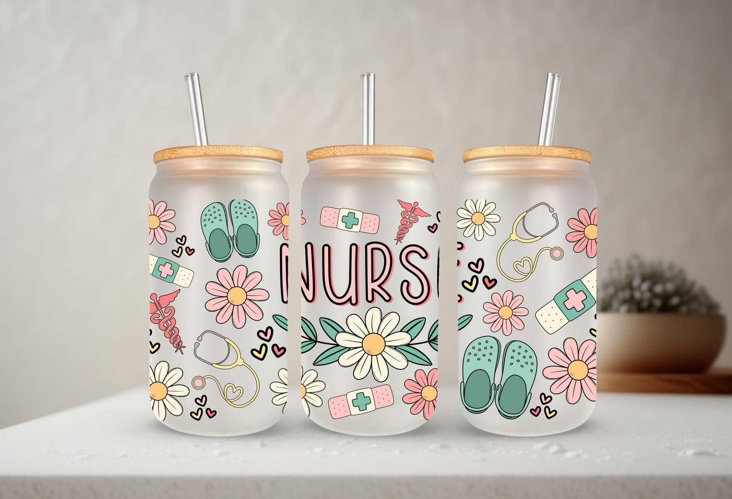 Boho Floral Nurse | UVDTF | 20 oz Libbey Can Glass with Bamboo Lid & Straw