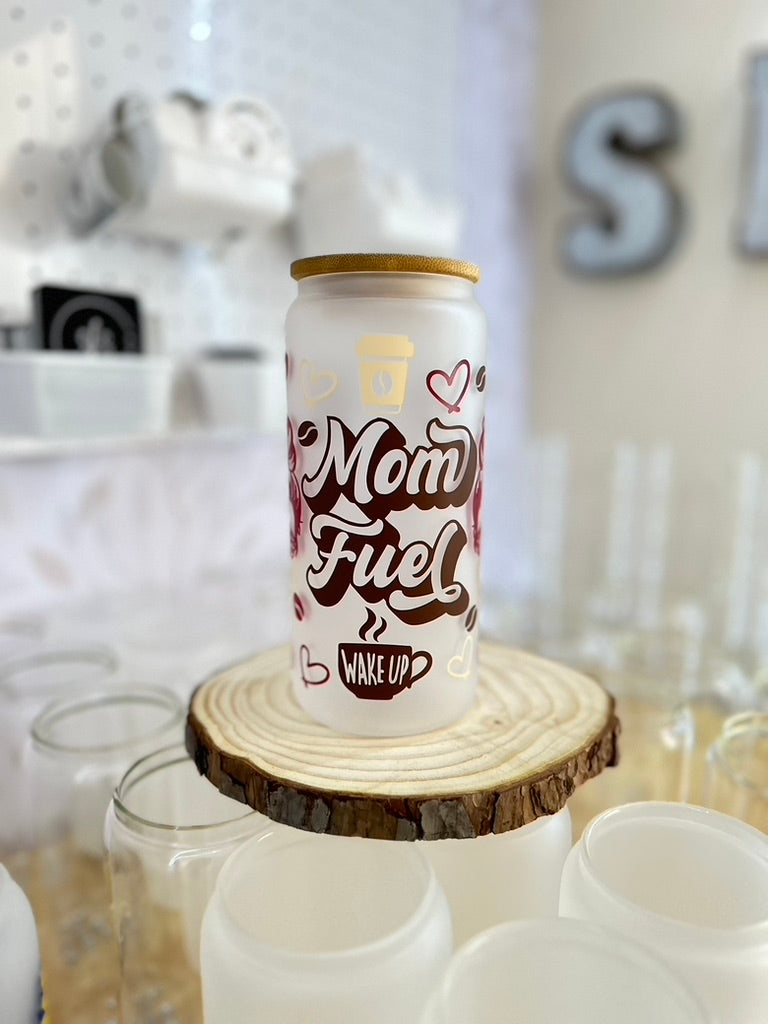 Mom Fuel - Coffee | VINYL | 20 oz Libbey Can Glass with Bamboo Lid & Straw