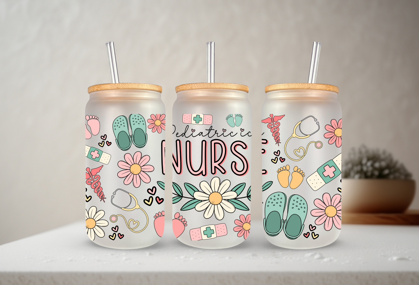 Pediatric ICU (PICU) Nurse | UVDTF | 20oz Libbey Can Glass with Bamboo Lid & Straw