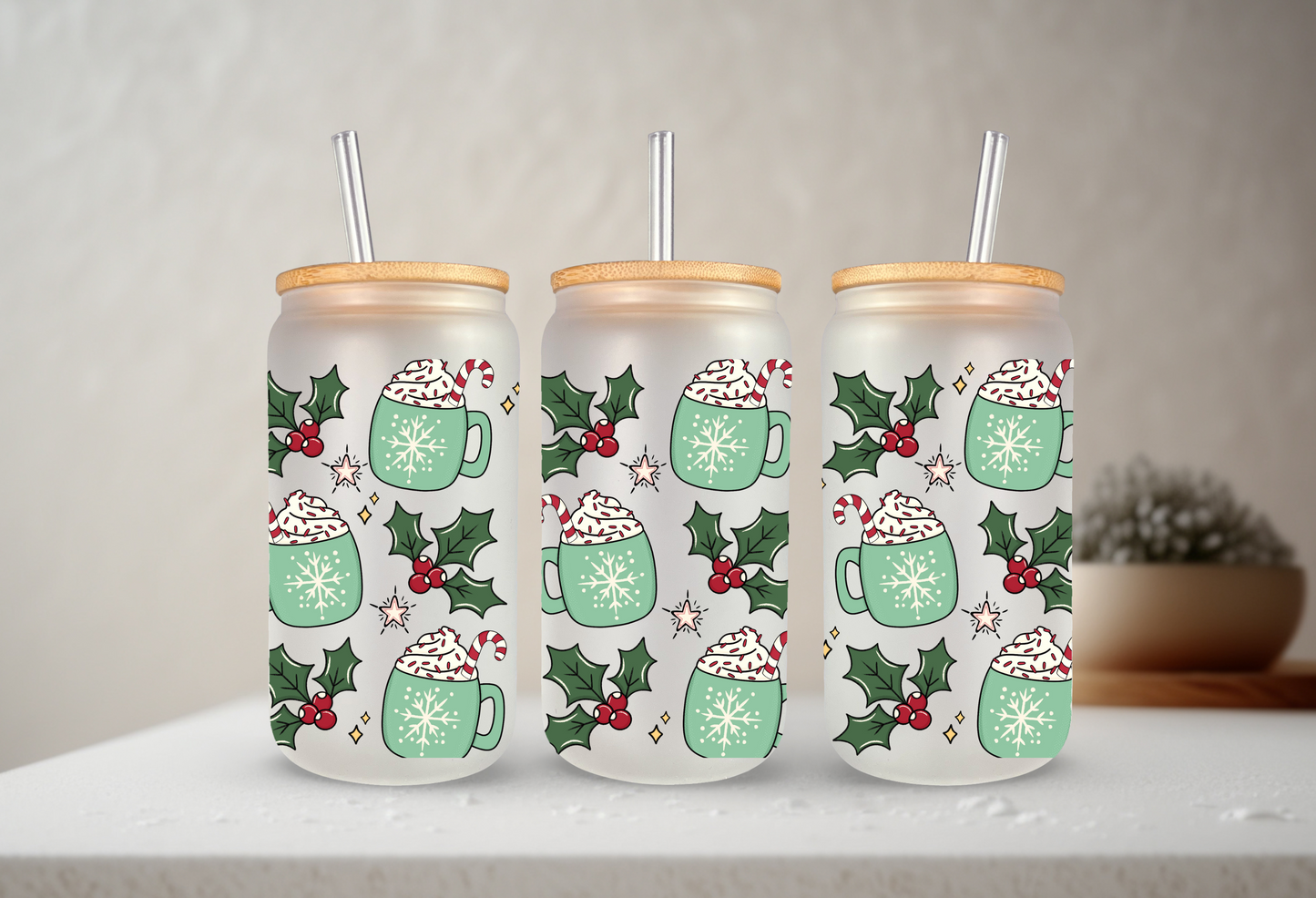Peppermint Mocha | UVDTF | 20oz Libbey Can Glass with Bamboo Lid & Straw