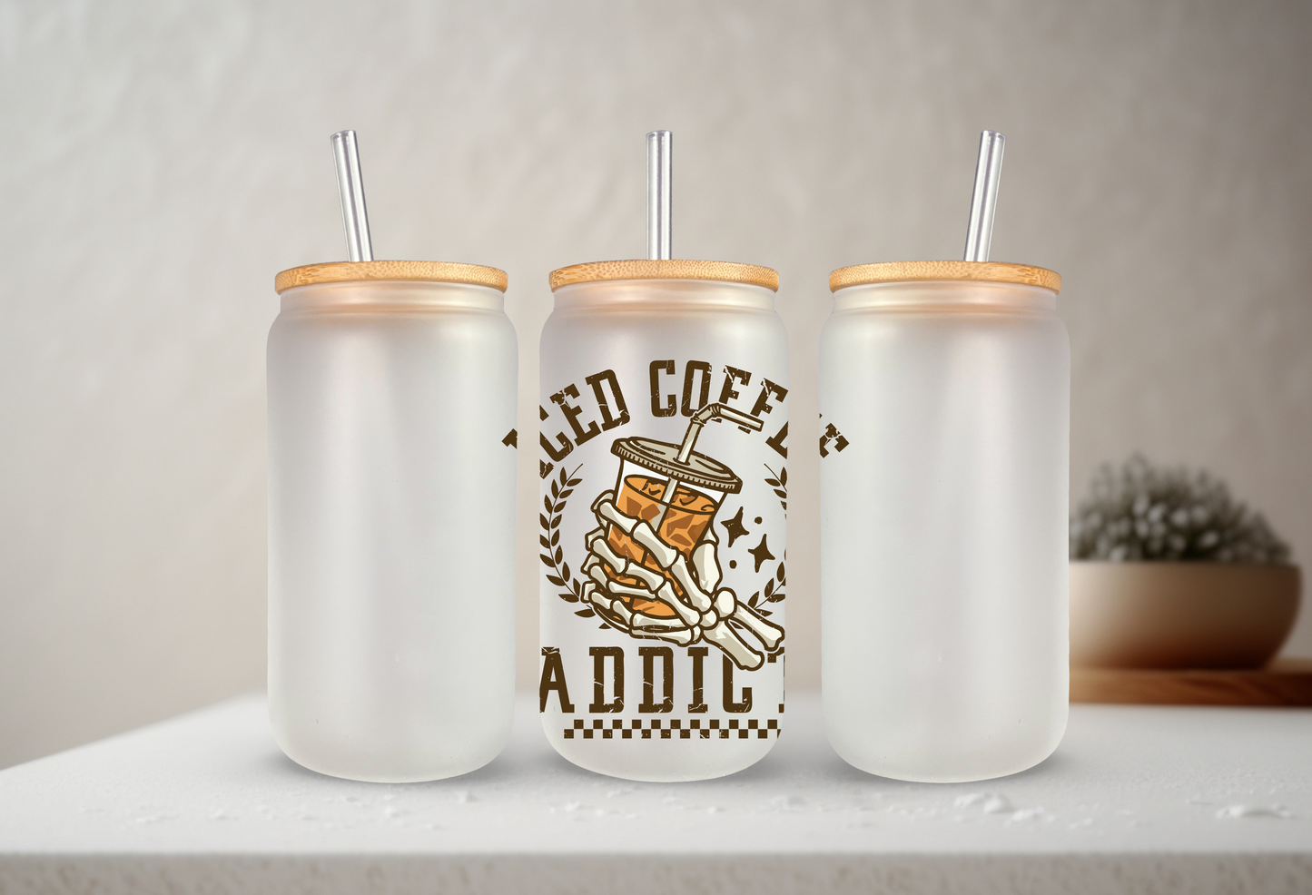 Iced Coffee Addict | UVDTF | 20 oz Libbey Can Glass with Bamboo Lid & Straw