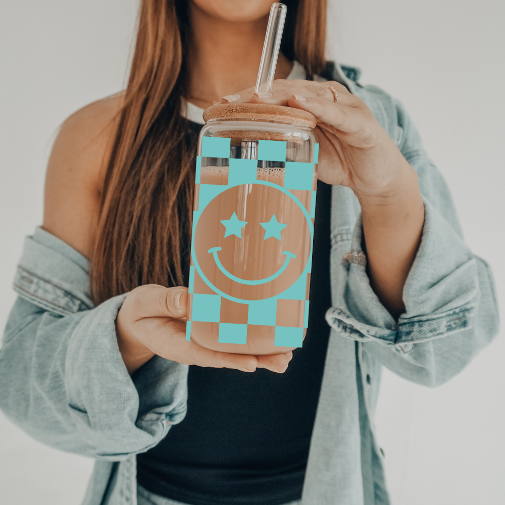 Checkered Smiley | UVDTF | 20 oz Libbey Can Glass with Bamboo Lid & Straw