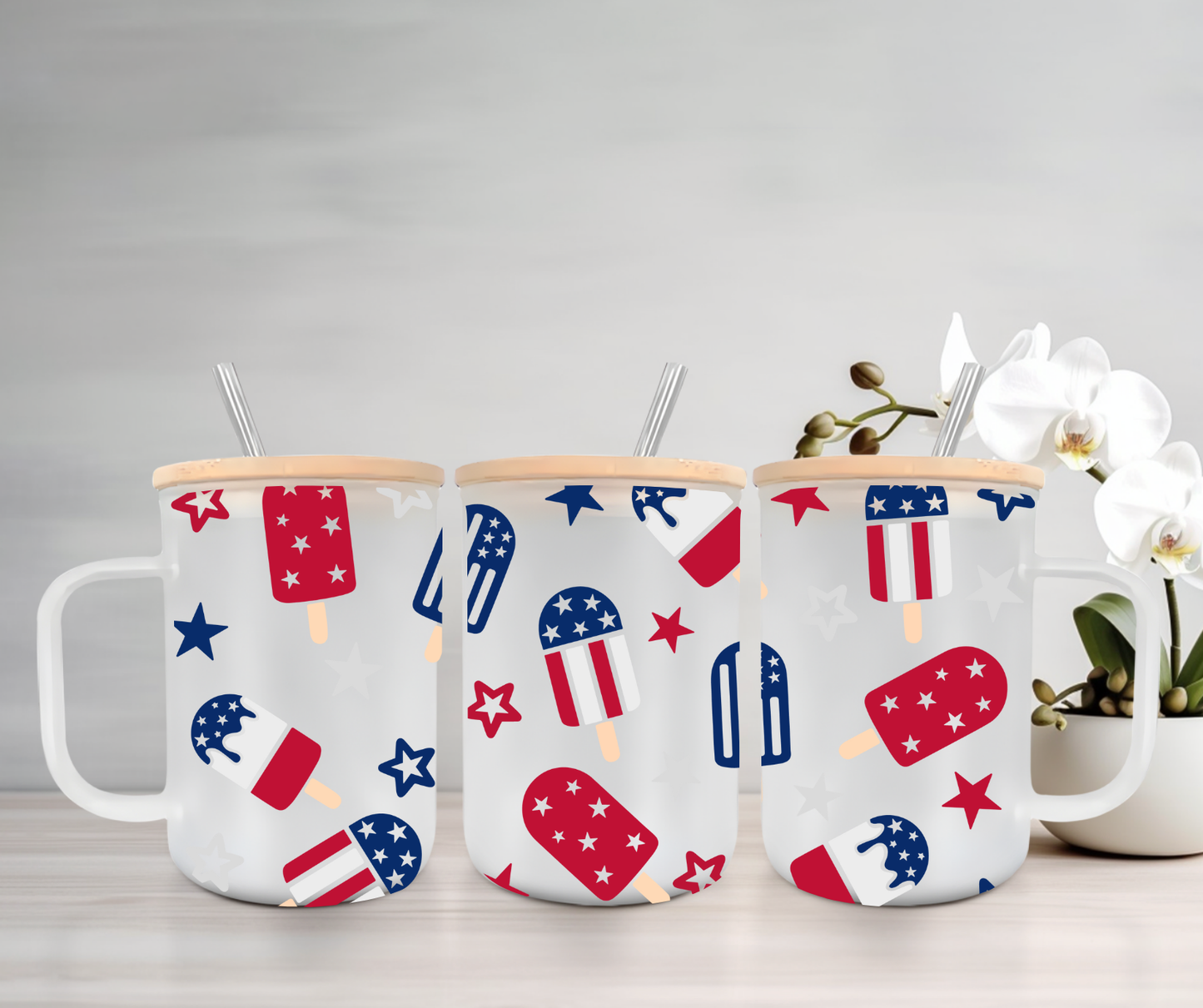 Patriotic Popsicles | VINYL | 15oz Mug with Handle, Bamboo Lid & Straw