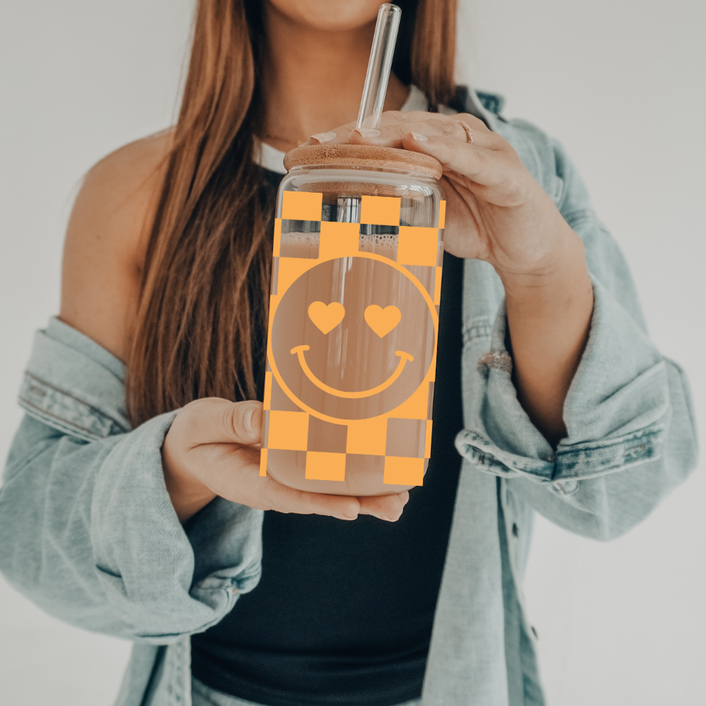 Checkered Smiley | UVDTF | 20 oz Libbey Can Glass with Bamboo Lid & Straw
