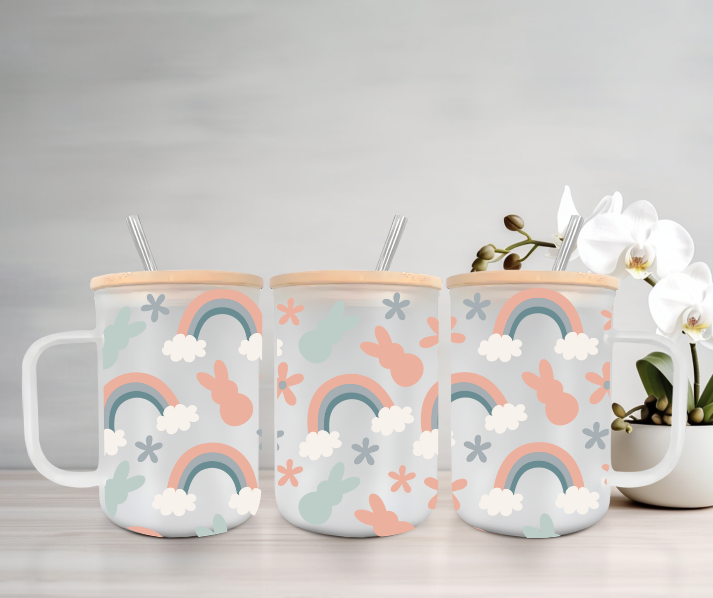 Peeps & Rainbows | UVDTF | 15oz Mug with Handle, Bamboo Lid & Straw