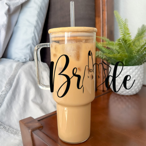 Bride Ring Finger | UVDTF | 40 oz Glass Tumbler with Bamboo Lid & Straw