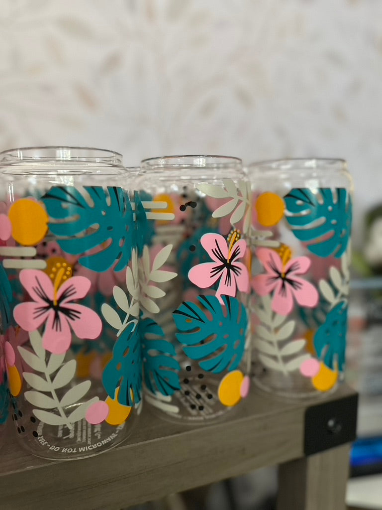 Hawaiian Floral | UVDTF | 20 oz Libbey Can Glass with Bamboo Lid & Straw