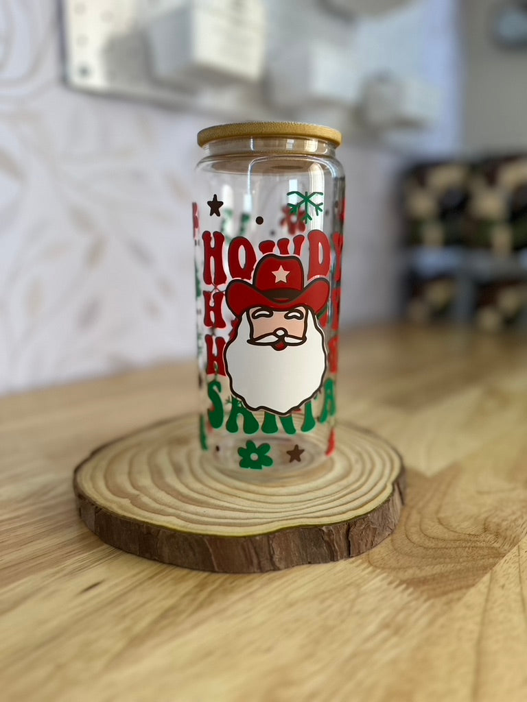 Howdy Santa | UVDTF | 20 oz Libbey Can Glass with Bamboo Lid & Straw