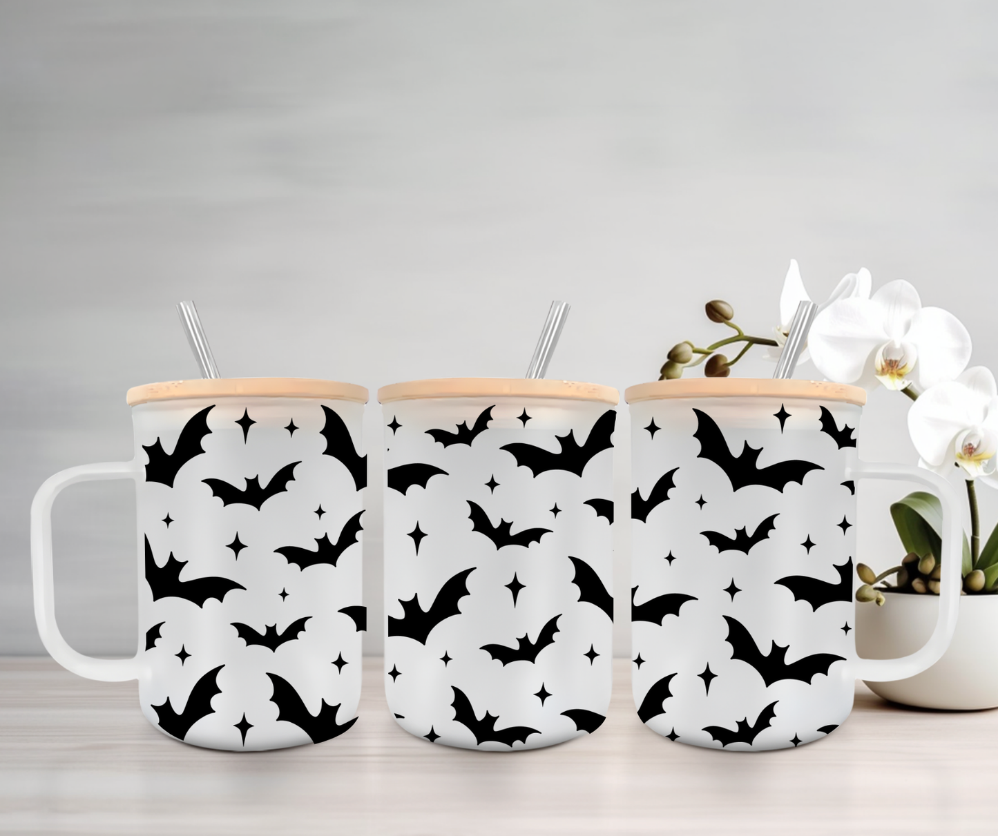 Bats | UVDTF | 15oz Mug with Handle, Bamboo Lid & Straw