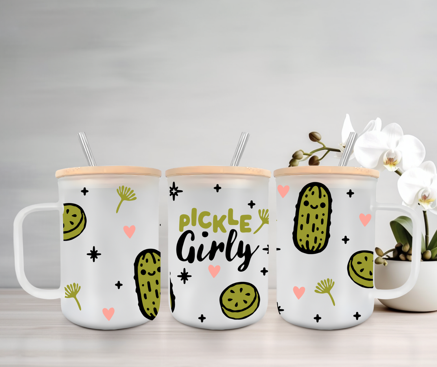 Pickle Girly | UVDTF | 15oz Mug with Handle, Bamboo Lid & Straw