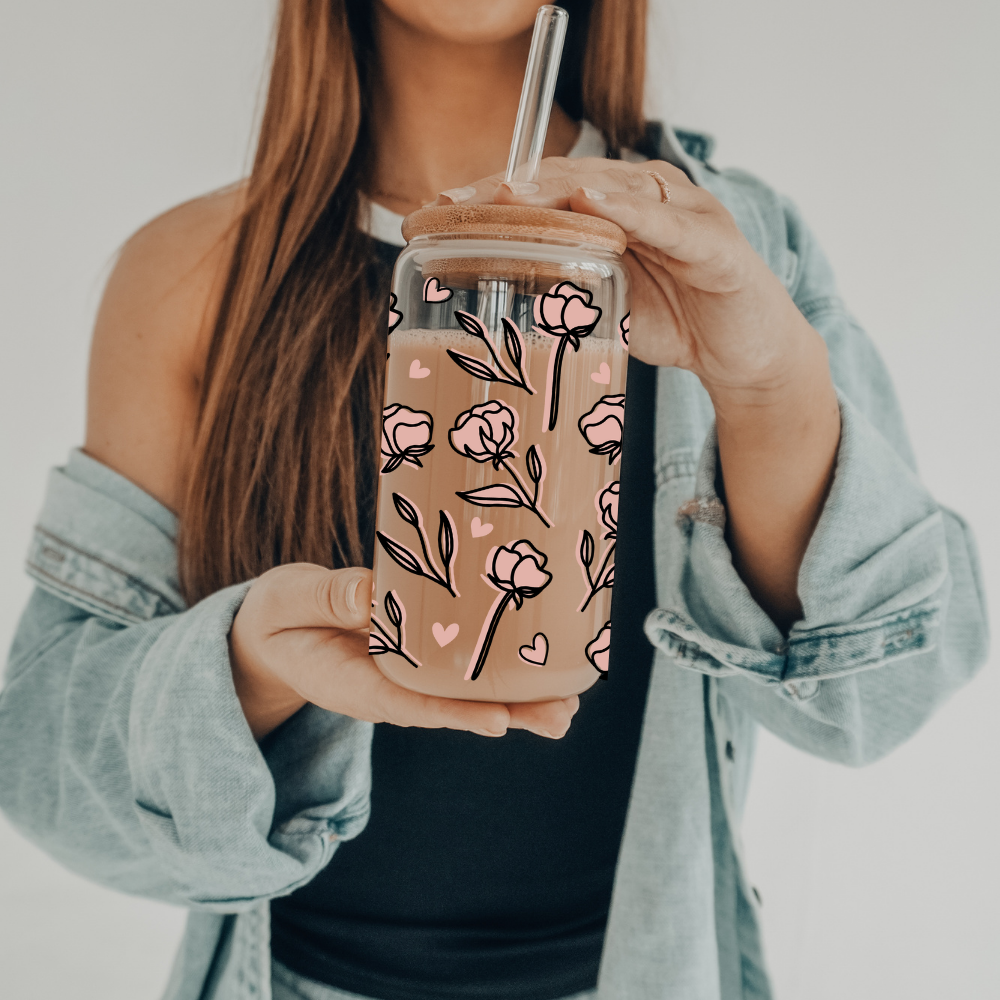 Roses | UVDTF | 20 oz Libbey Can Glass with Bamboo Lid & Straw