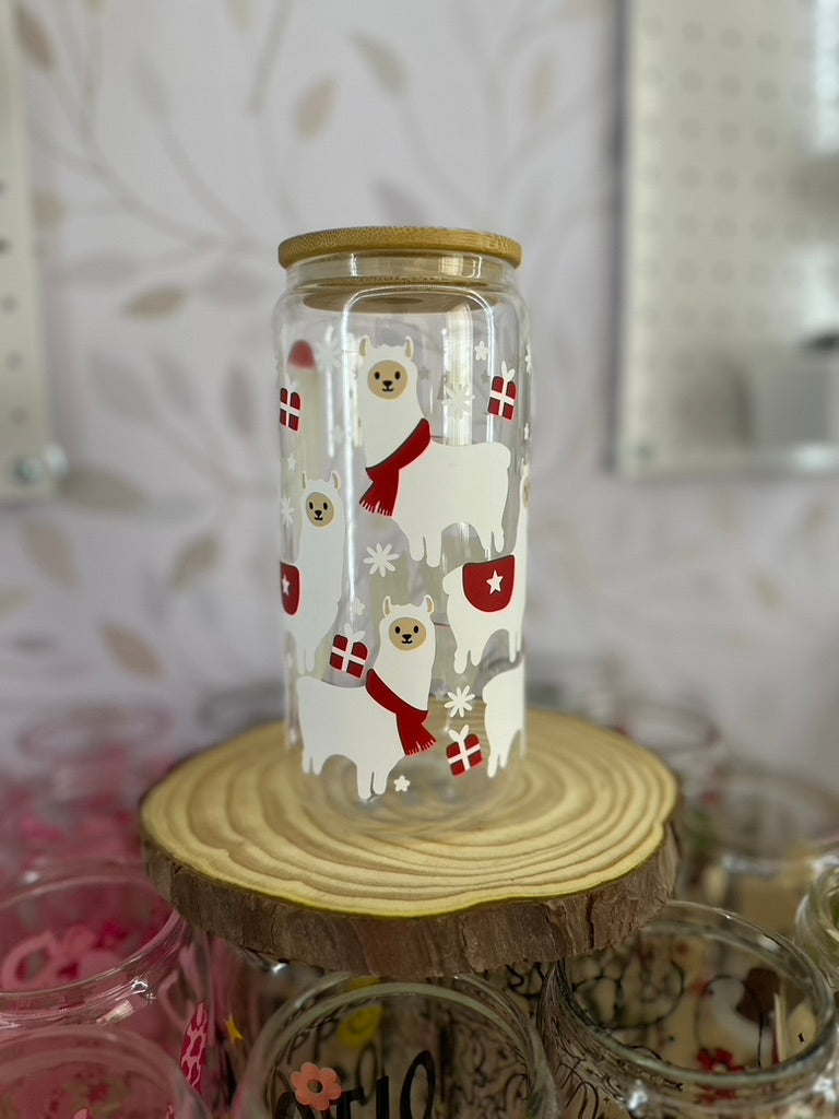 Festive Llamas | VINYL | 20 oz Libbey Can Glass with Bamboo Lid & Straw