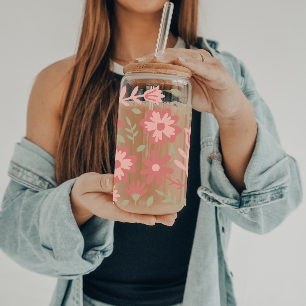 Spring Flowers | UVDTF | 20 oz Libbey Can Glass with Bamboo Lid & Straw