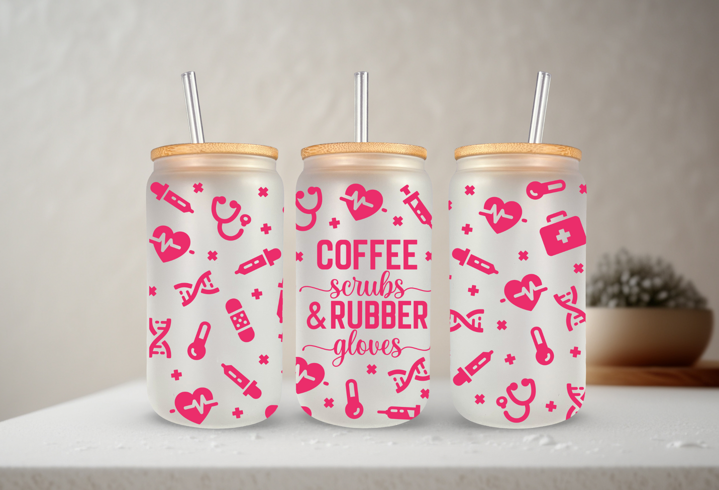 Coffee Scrubs & Rubber Gloves | Nurse Life | UVDTF | 20 oz Libbey Can Glass with Bamboo Lid & Straw