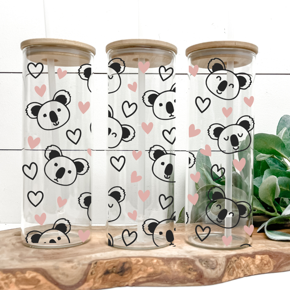 Koala | UVDTF | 25oz Skinny Glass Tumbler with Bamboo Lid & Straw