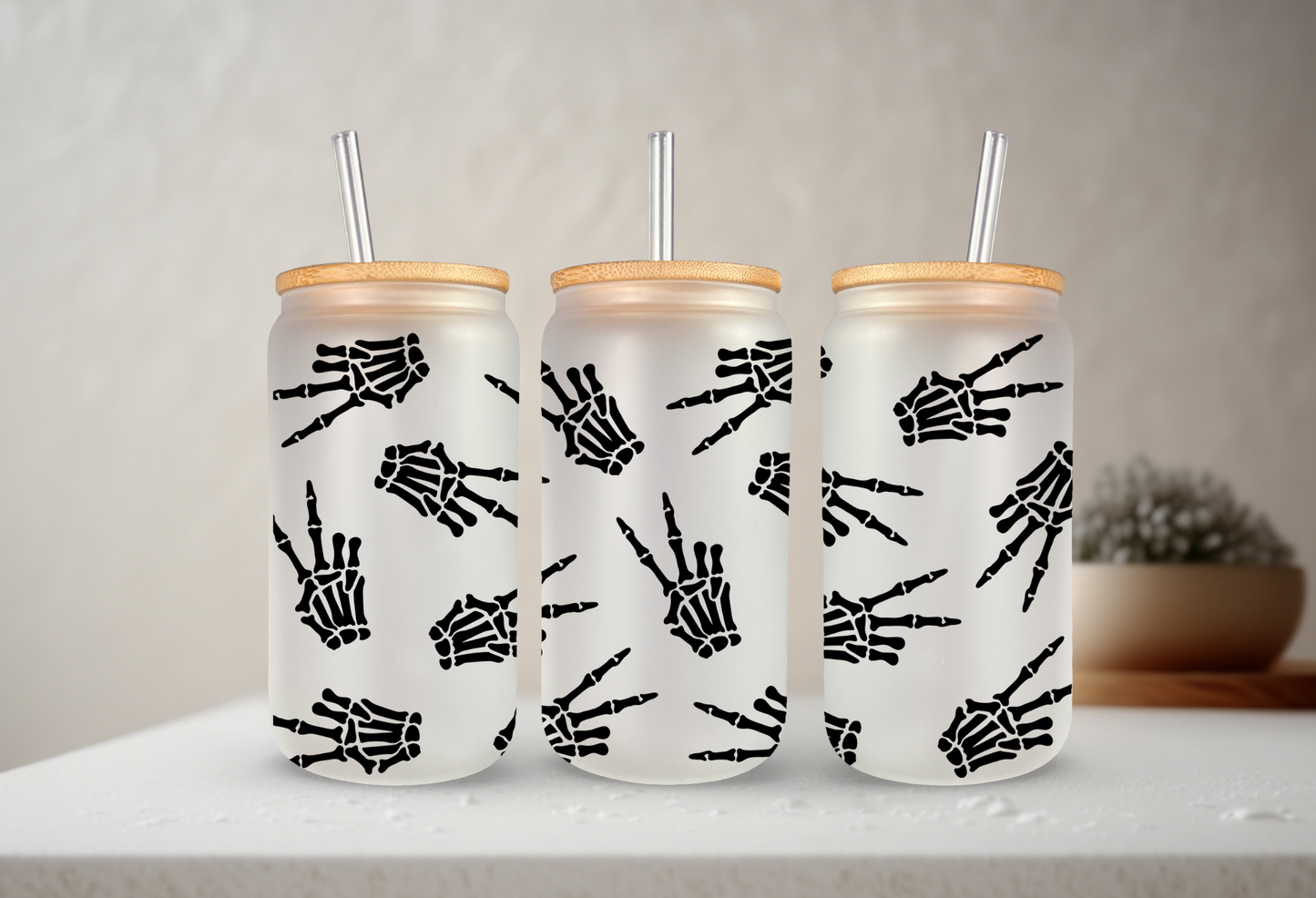 Skelly Peace | UVDTF | 20 oz Libbey Can Glass with Bamboo Lid & Straw