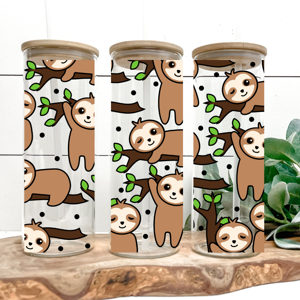 Sloths | UVDTF | 25oz Skinny Glass Tumbler with Bamboo Lid & Straw