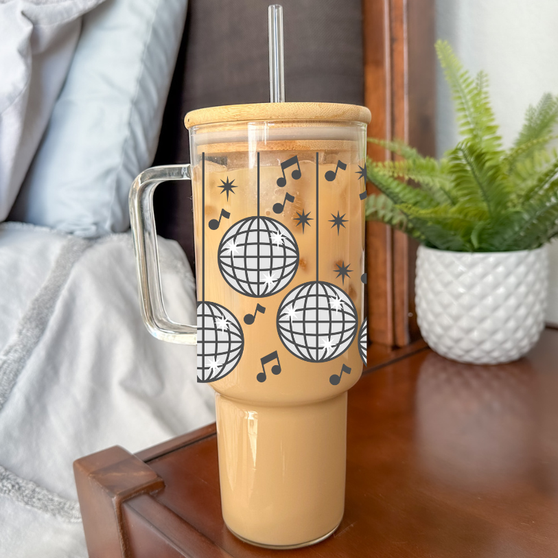 Disco Ball | VINYL | 40 oz Glass Tumbler with Bamboo Lid & Straw