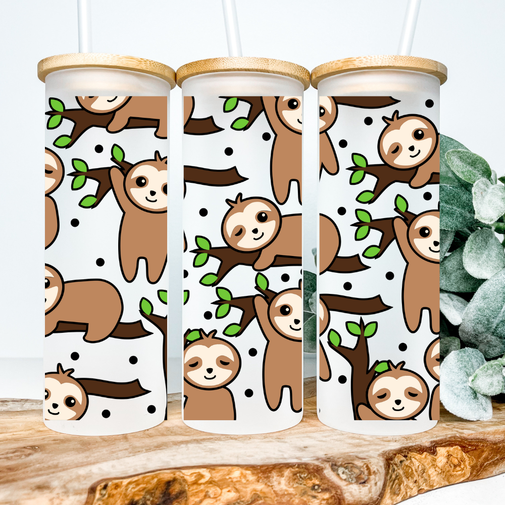 Sloths | UVDTF | 25oz Skinny Glass Tumbler with Bamboo Lid & Straw