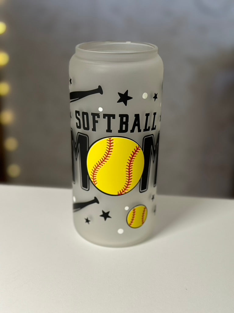 Softball Mom | VINYL | 20 oz Libbey Can Glass with Bamboo Lid & Straw