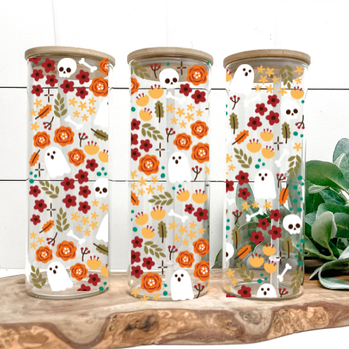 Floral Halloween | VINYL | 25oz Skinny Glass Tumbler