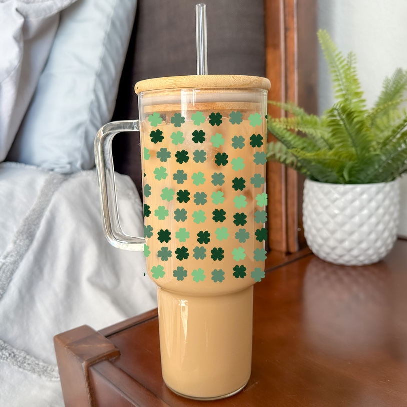 Shamrocks | VINYL | 40 oz Glass Tumbler with Bamboo Lid & Straw