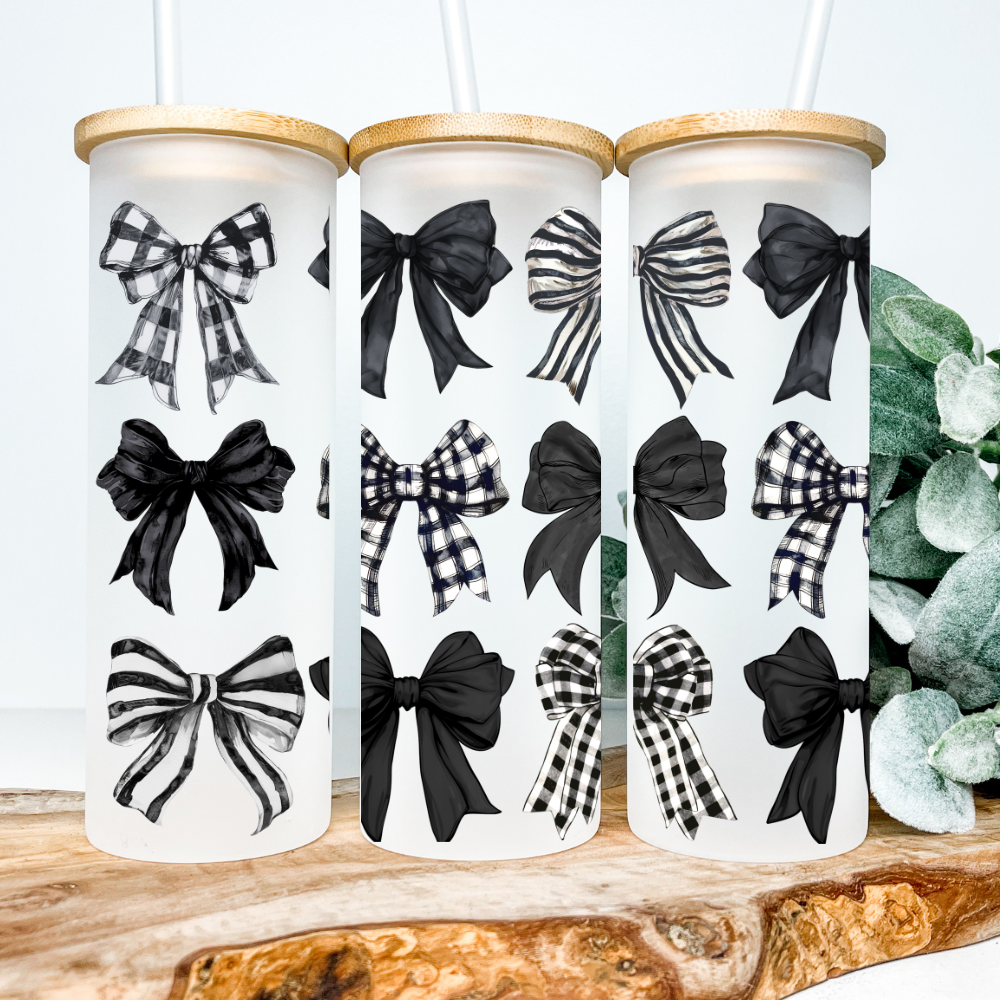 Black Check Coquette | UVDTF | 25oz Skinny Glass Tumbler with Bamboo Lid & Straw