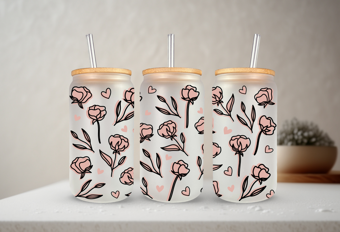 Roses | UVDTF | 20 oz Libbey Can Glass with Bamboo Lid & Straw