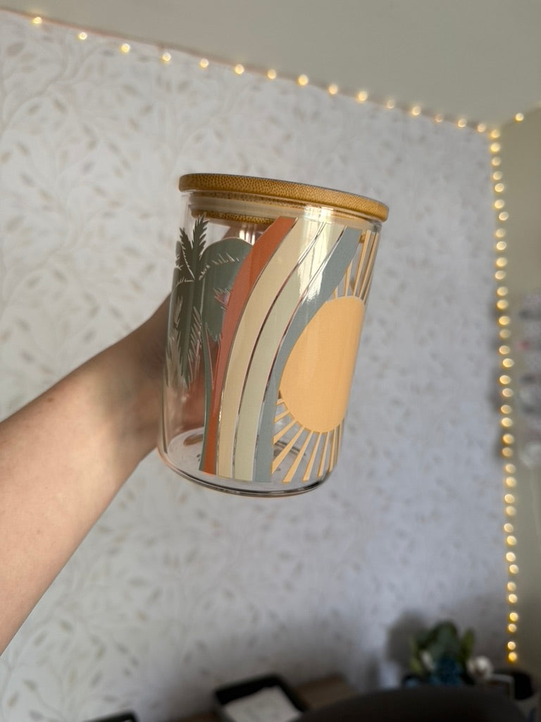 Palm Tree Sun | UVDTF | 15oz Mug with Handle, Bamboo Lid & Straw