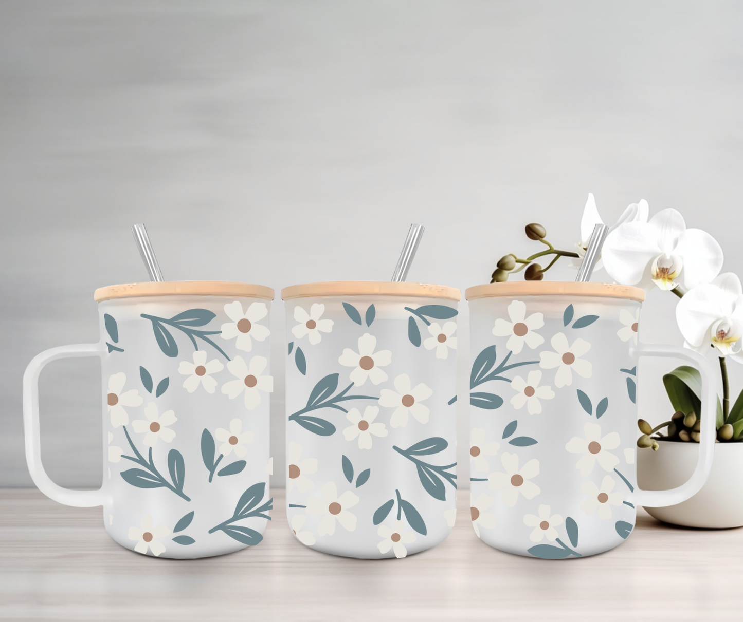 Summer Daisies | VINYL | 15oz Mug with Handle, Bamboo Lid & Straw