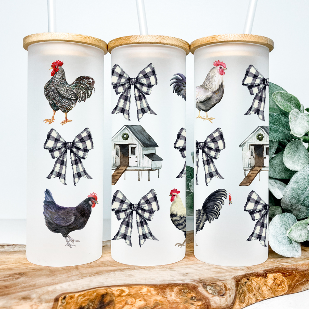 Farmhouse Coquette | UVDTF | 25oz Skinny Glass Tumbler with Bamboo Lid & Straw