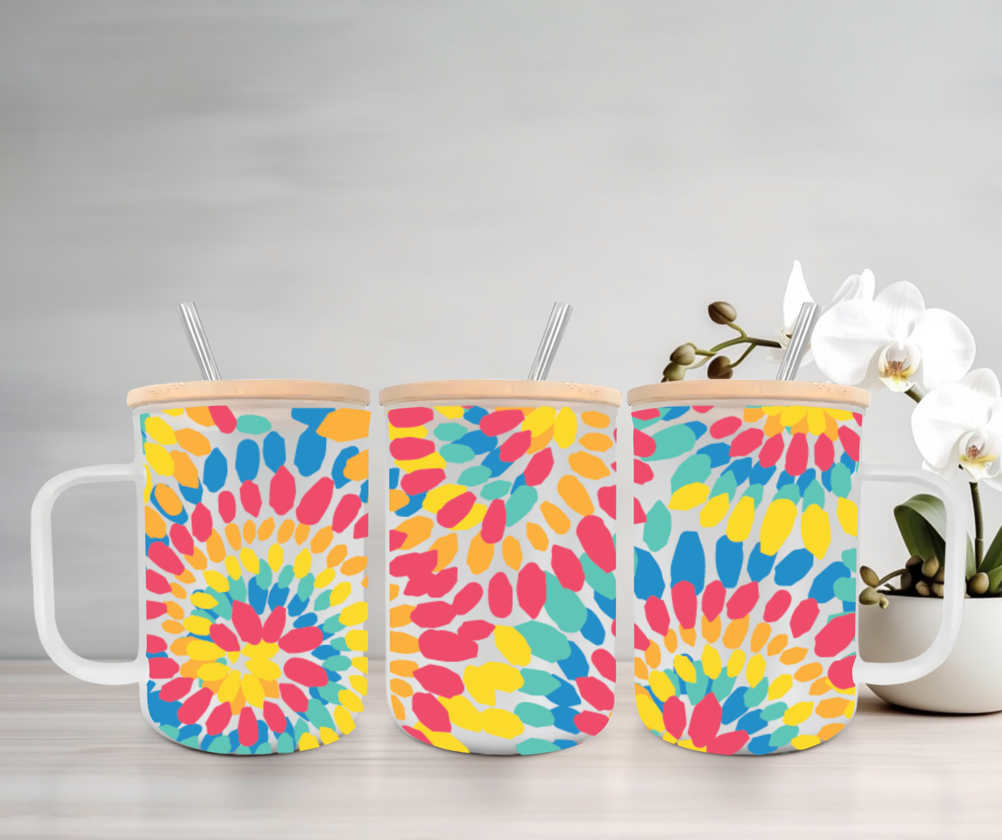 Tie Dye | UVDTF | 15oz Mug with Handle, Bamboo Lid & Straw