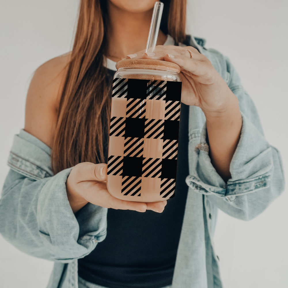 Gingham | UVDTF | 20 oz Libbey Can Glass with Bamboo Lid & Straw