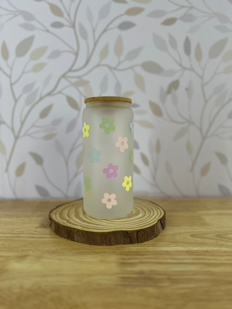 Pastel Flowers | VINYL | 20 oz Libbey Can Glass with Bamboo Lid & Straw