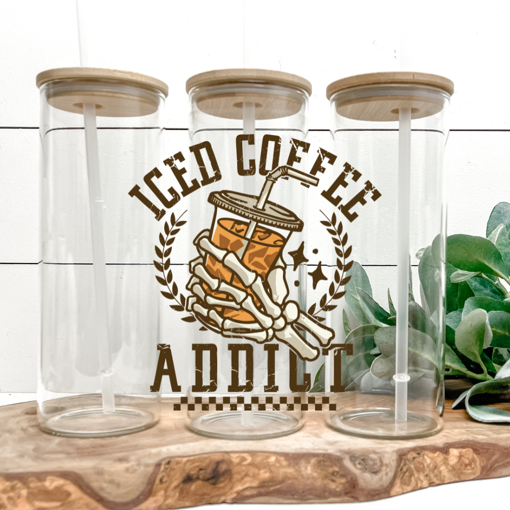 Iced Coffee Addict | UVDTF | 25oz Skinny Glass Tumbler with Bamboo Lid & Straw
