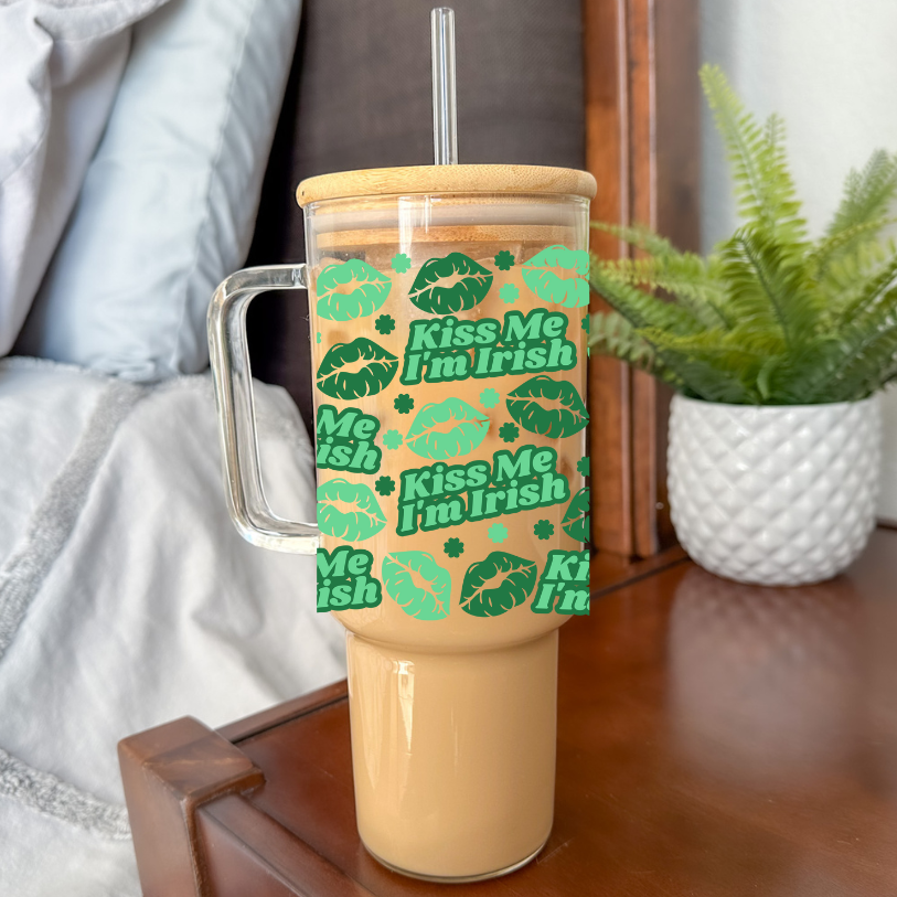 Kiss Me, I'm Irish | VINYL | 40 oz Glass Tumbler with Bamboo Lid & Straw