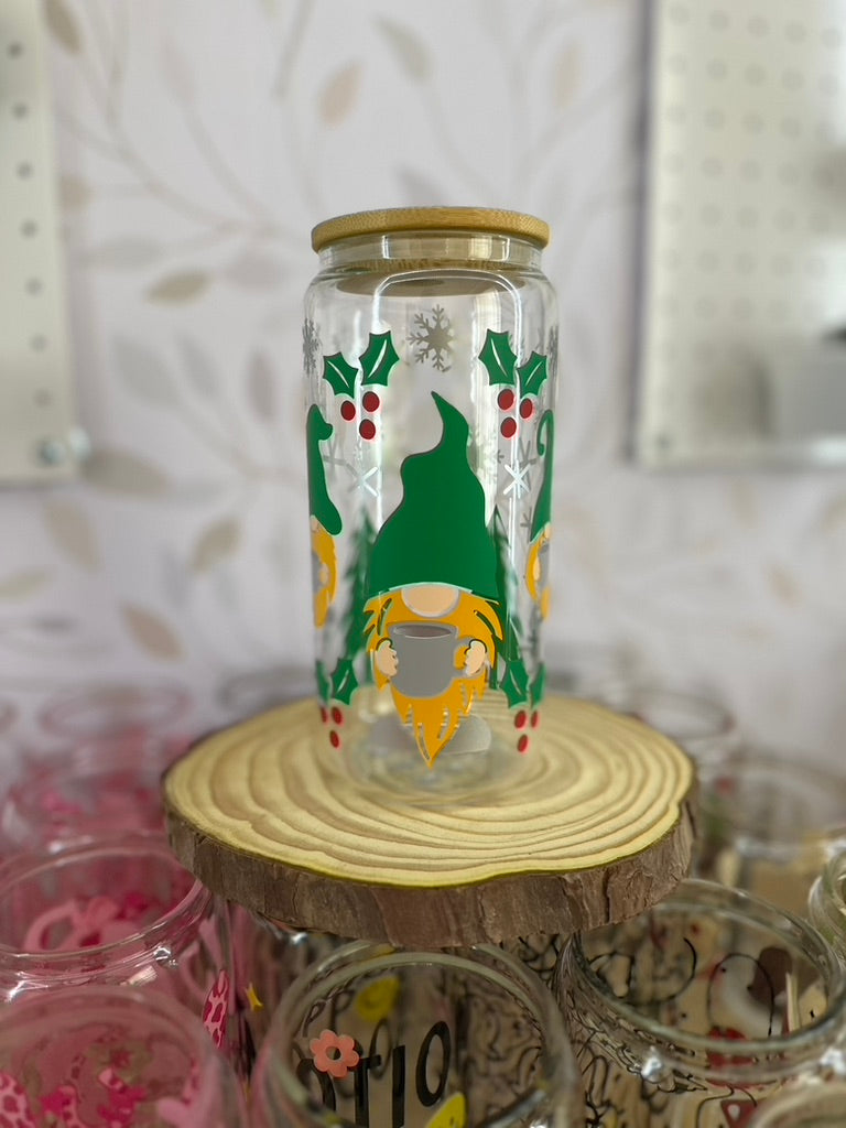 Christmas Gnomes | UVDTF | 20 oz Libbey Can Glass with Bamboo Lid & Straw