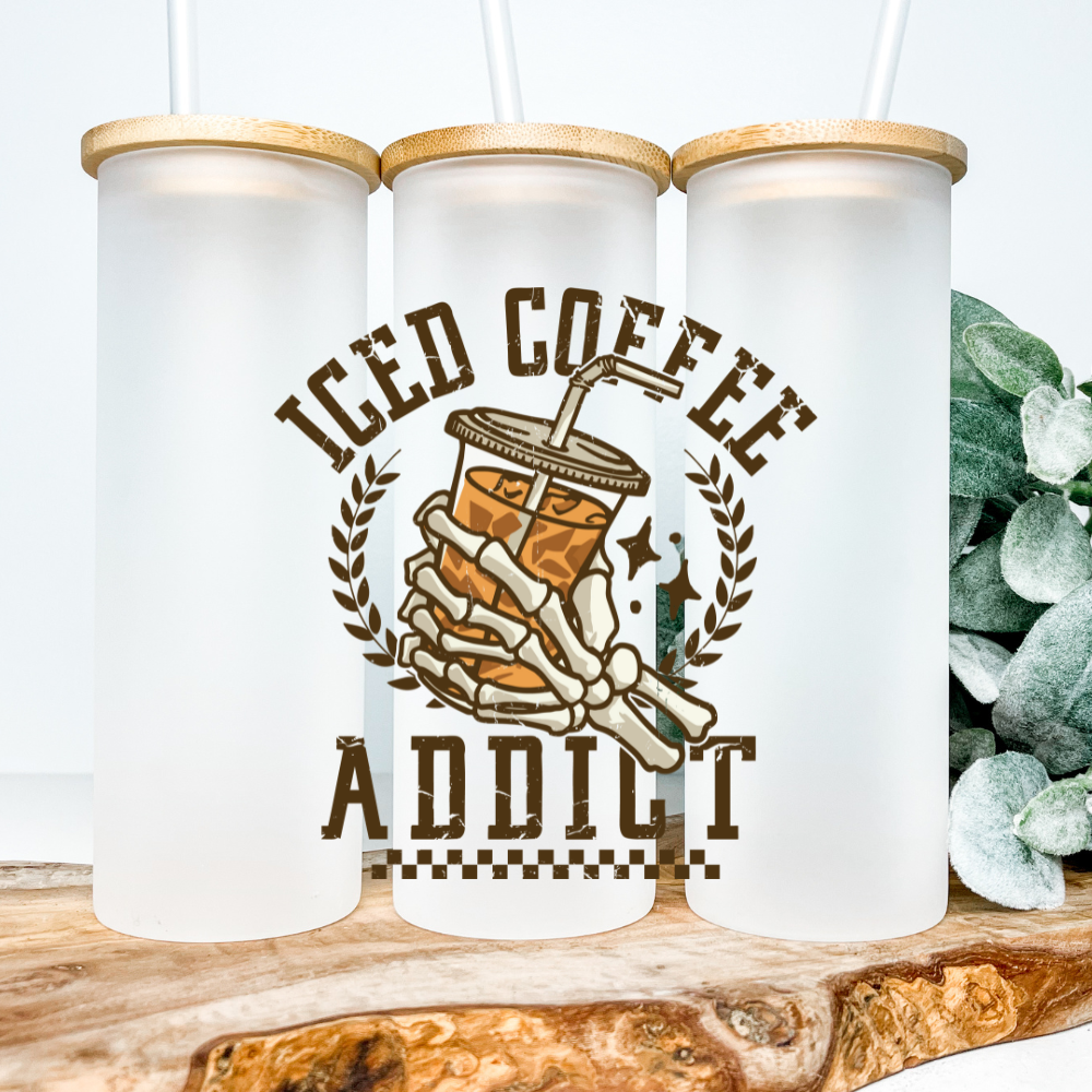 Iced Coffee Addict | UVDTF | 25oz Skinny Glass Tumbler with Bamboo Lid & Straw