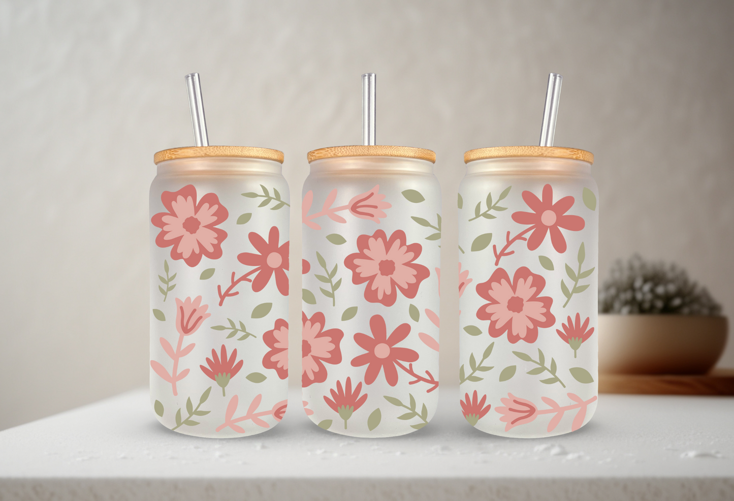 Spring Flowers | UVDTF | 20 oz Libbey Can Glass with Bamboo Lid & Straw