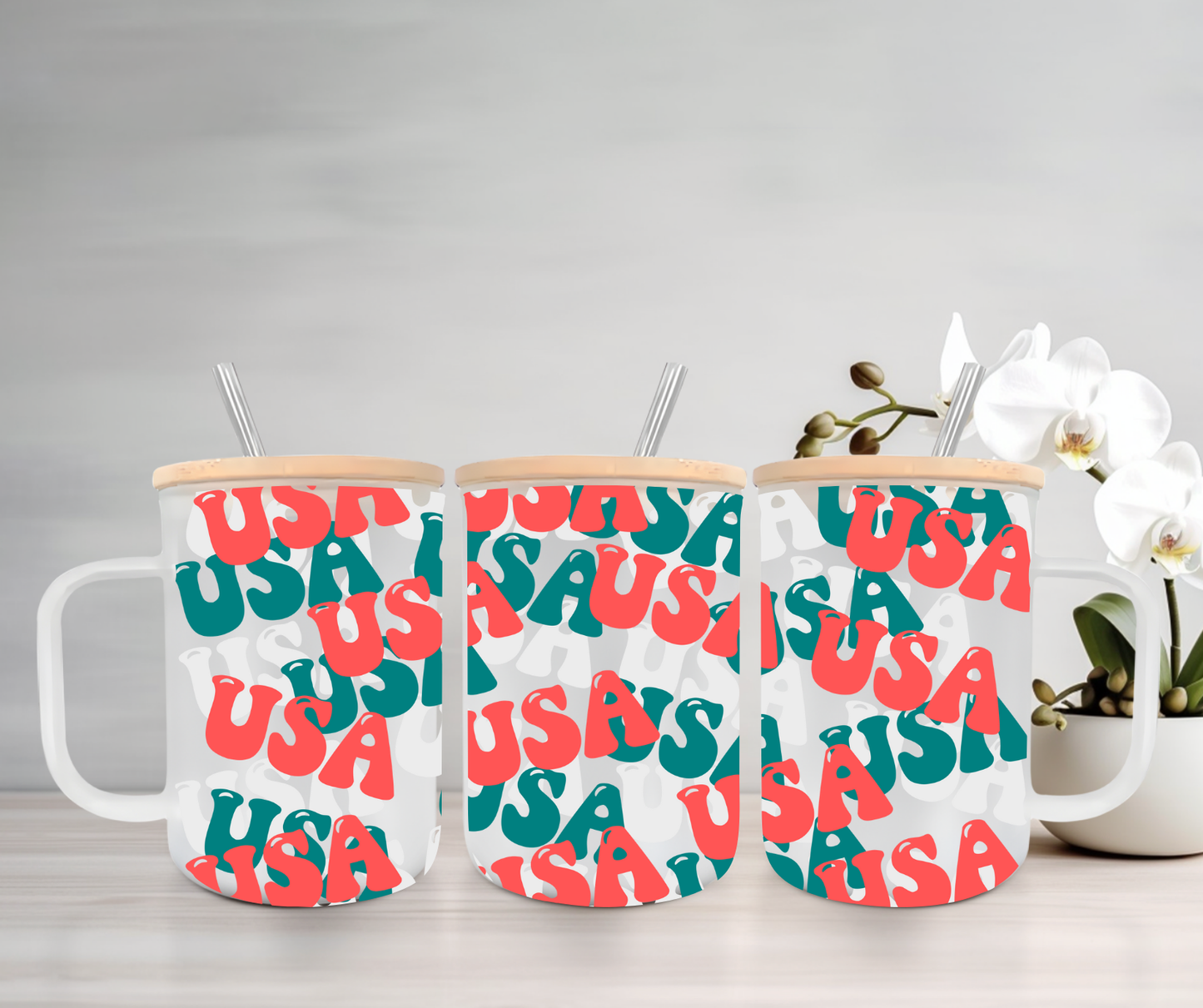 USA | VINYL | 15oz Mug with Handle, Bamboo Lid & Straw