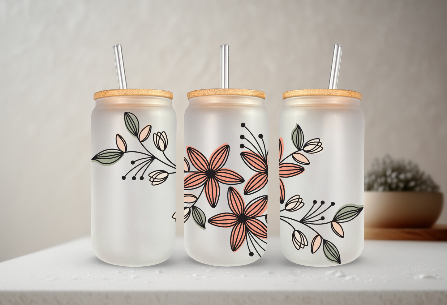 Spring Floral | UVDTF | 20 oz Libbey Can Glass with Bamboo Lid & Straw
