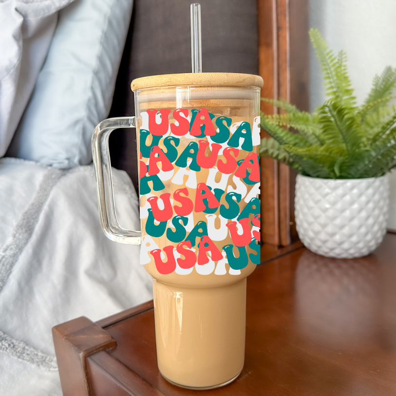 USA | VINYL | 40 oz Glass Tumbler with Bamboo Lid & Straw