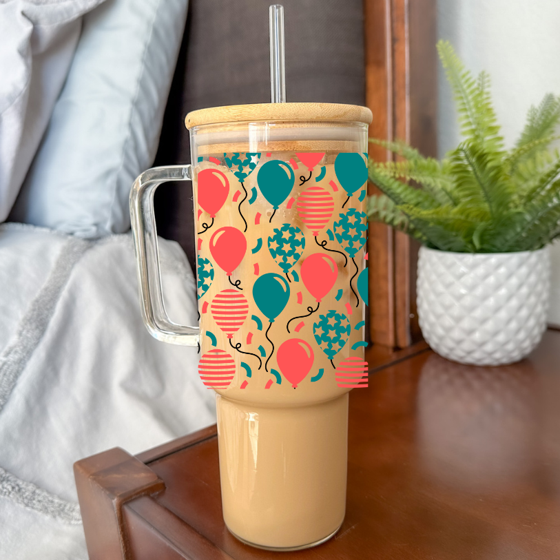 Patriotic Balloons | VINYL | 40 oz Glass Tumbler with Bamboo Lid & Straw
